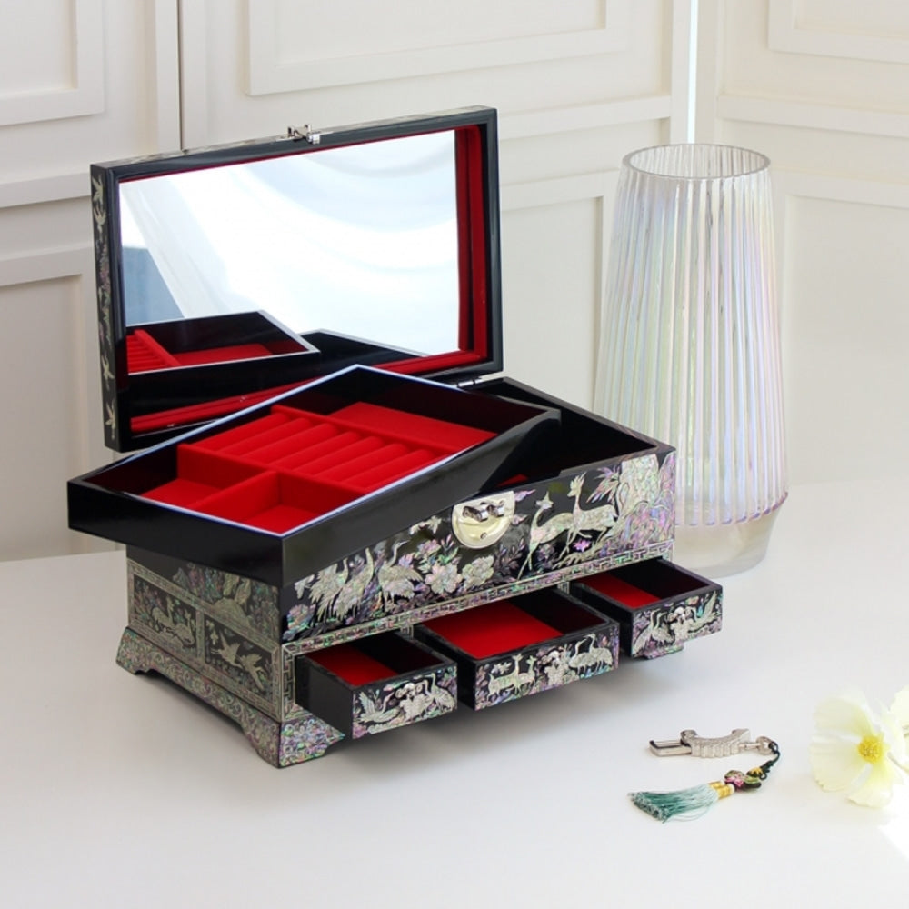 Premium Najeonchilgi Drawer Flower Pine & Crane Saju Jewelry Box Black Jewelry Box Yedan Wedding Gift Box, 32 cm