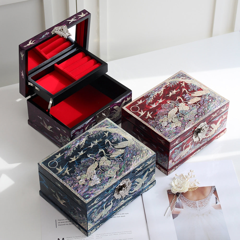 Najeonchilgi Pine & Crane Hanji Mother of Pearl Jewelry Box, 18 cm