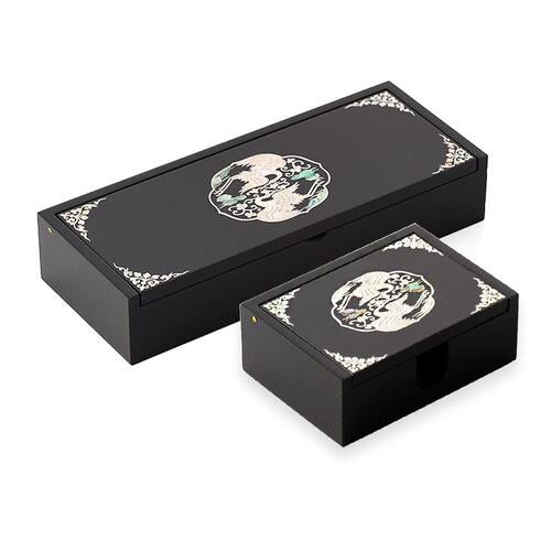 Inlaid Auto-Slide Business Card & Pen Holder Set — Double Cranes, Cloud Cranes & Arabesque Patterns - OF0236