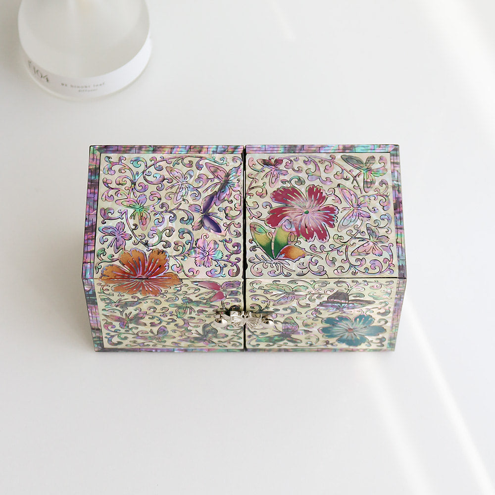 Najeonchilgi Painted Flower & Butterfly Double-Lidded Mother of Pearl Jewelry Box Black (Master Artisan Jang Tae-bok)