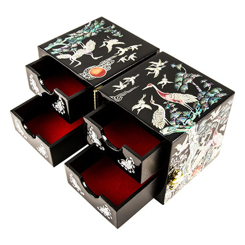 Mother of Pearl Jewelry Box (Double Lidded, Crane & PineA, Medium)