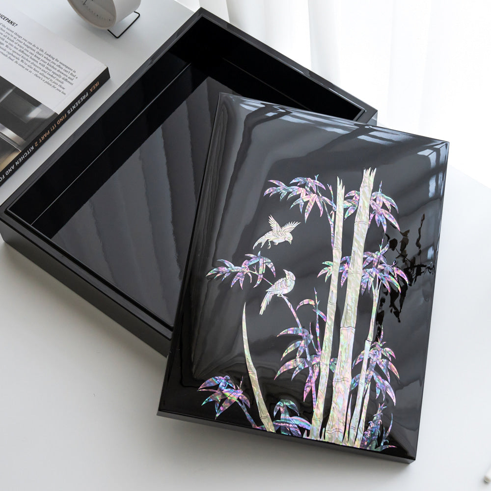 Najeon Chilgi Mother of Pearl Document & Memo Box — Pine & Crane (Black) - OF0217