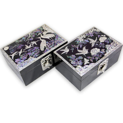 Joseon Mother of Pearl Straight Turtle Jewelry Box (1-Tier, Oh Myung - Ho) - Crane & Pine, Peony Motif