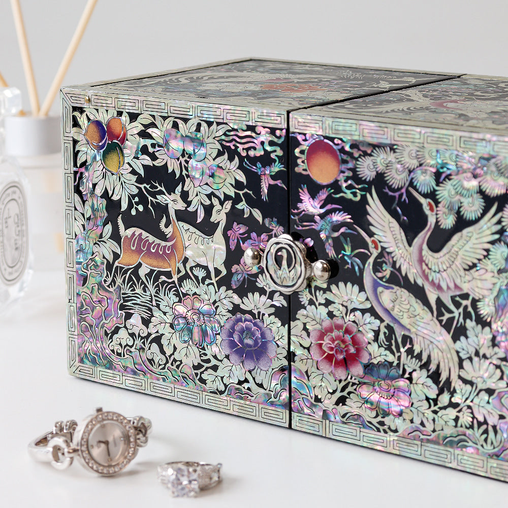Masterpiece New Double-Lidded Golden Pheasant Large Black Mother of Pearl Jewelry Box