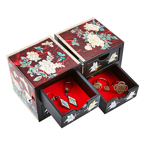 Peony Cloud Pattern Border Hanji Double Lidded Mother of Pearl Jewelry Box (Small, Glossy, Red)