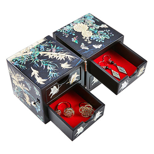 Four Gracious Plants Hanji Double Lidded Mother of Pearl Jewelry Box (Small, Glossy, Blue)