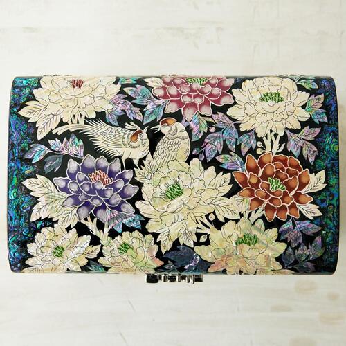 Blue mother of pearl peony jewelry box, 30 cm - angled view