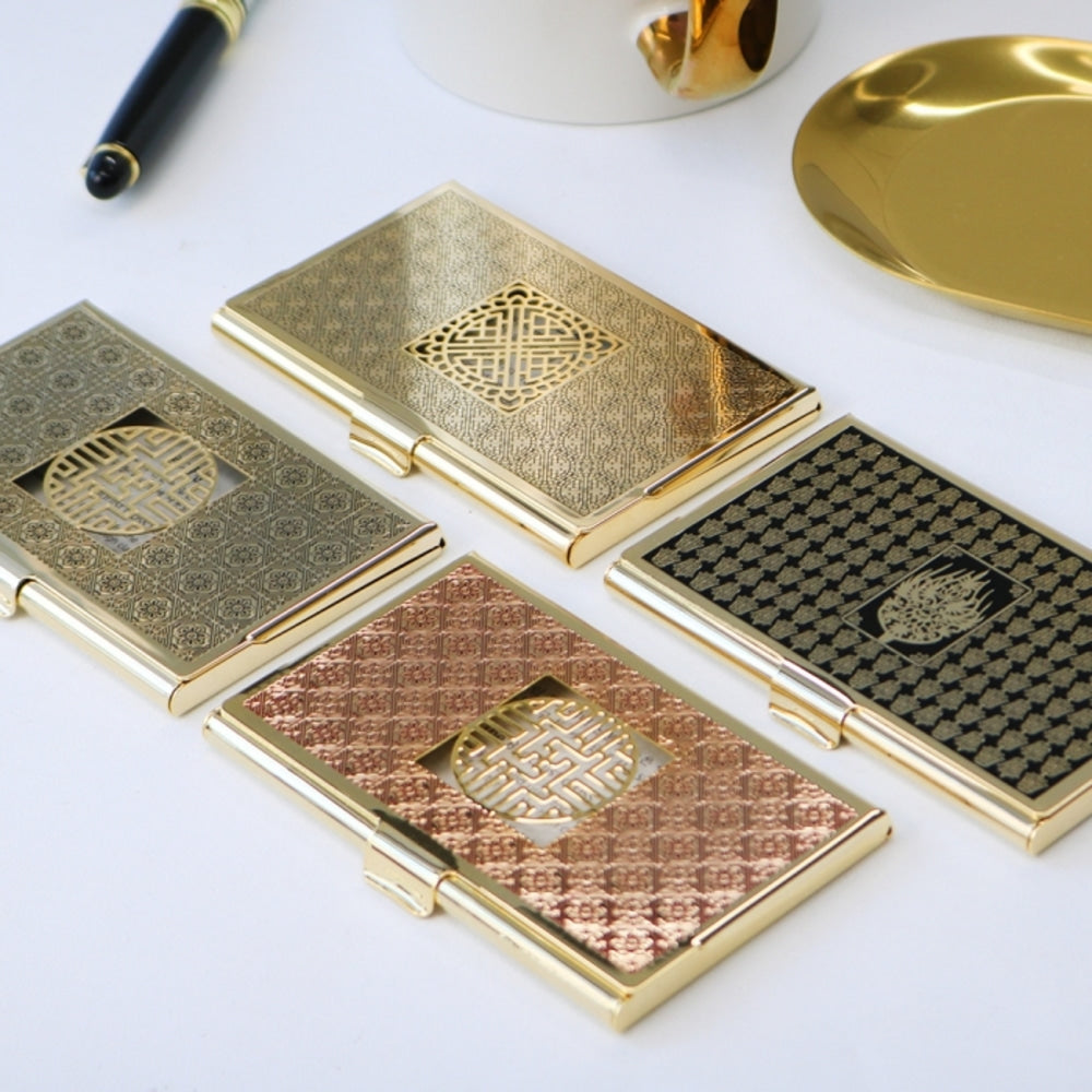 2-Piece Set: Metal Glossy Gold Business Card Case Mother of Pearl Pen Set (Flower & Crane)