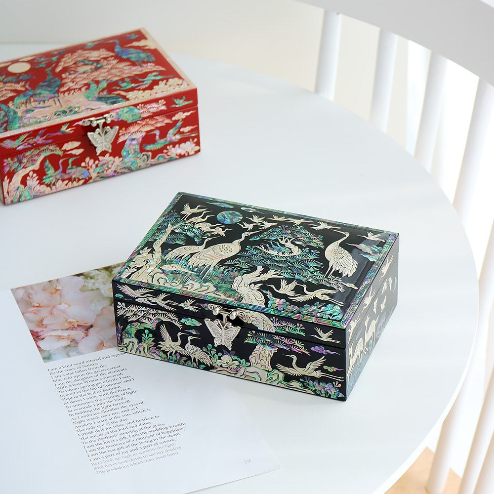 Najeonchilgi Pine & Crane 1-Tier Mother of Pearl Jewelry Box, 18 cm