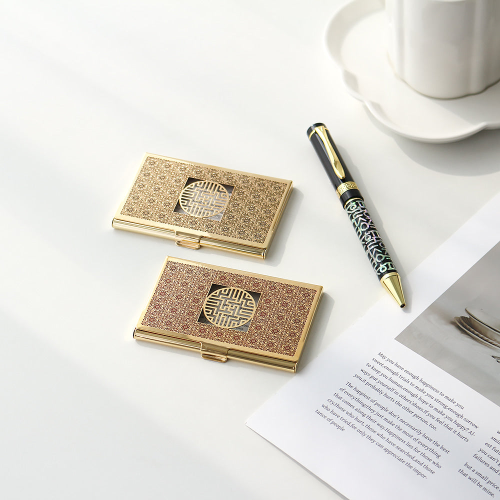 2-Piece Set: Metal Gold Mother of Pearl Business Card Case Hangul Lattice Mother of Pearl Pen Set (Lower Inlay)