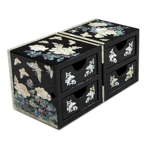 Peony Cloud Pattern Border Double Lidded Mother of Pearl Jewelry Box (Medium, Glossy, Black)