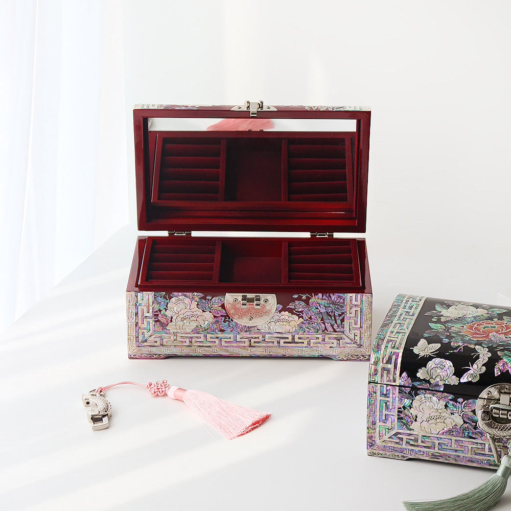 Najeonchilgi Painted Peony of Wealth Rounded Mother of Pearl Jewelry Box, 24 cm