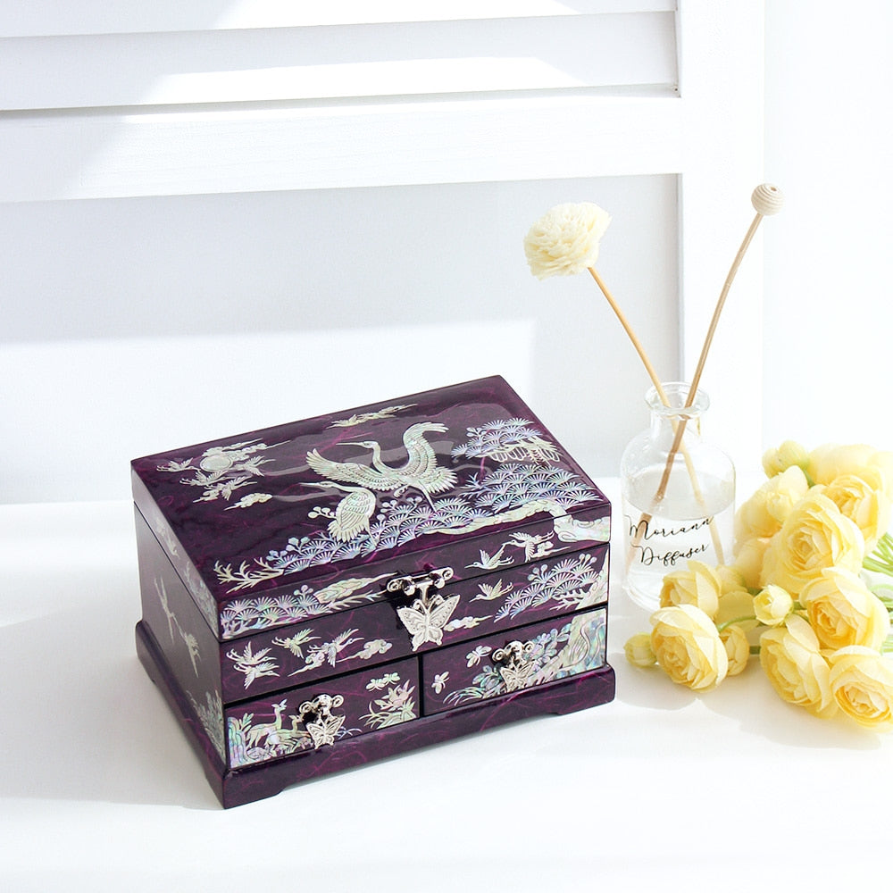 Najeonchilgi 1-Tier Hanji Pine & Crane 2-Drawer Mother of Pearl Jewelry Box