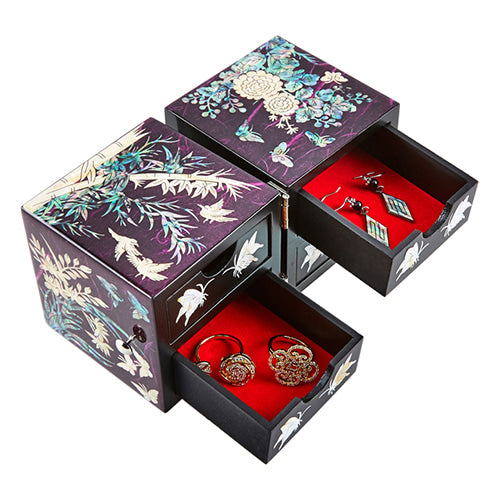 Four Gracious Plants Hanji Double Lidded Mother of Pearl Jewelry Box (Medium, Glossy, Purple)