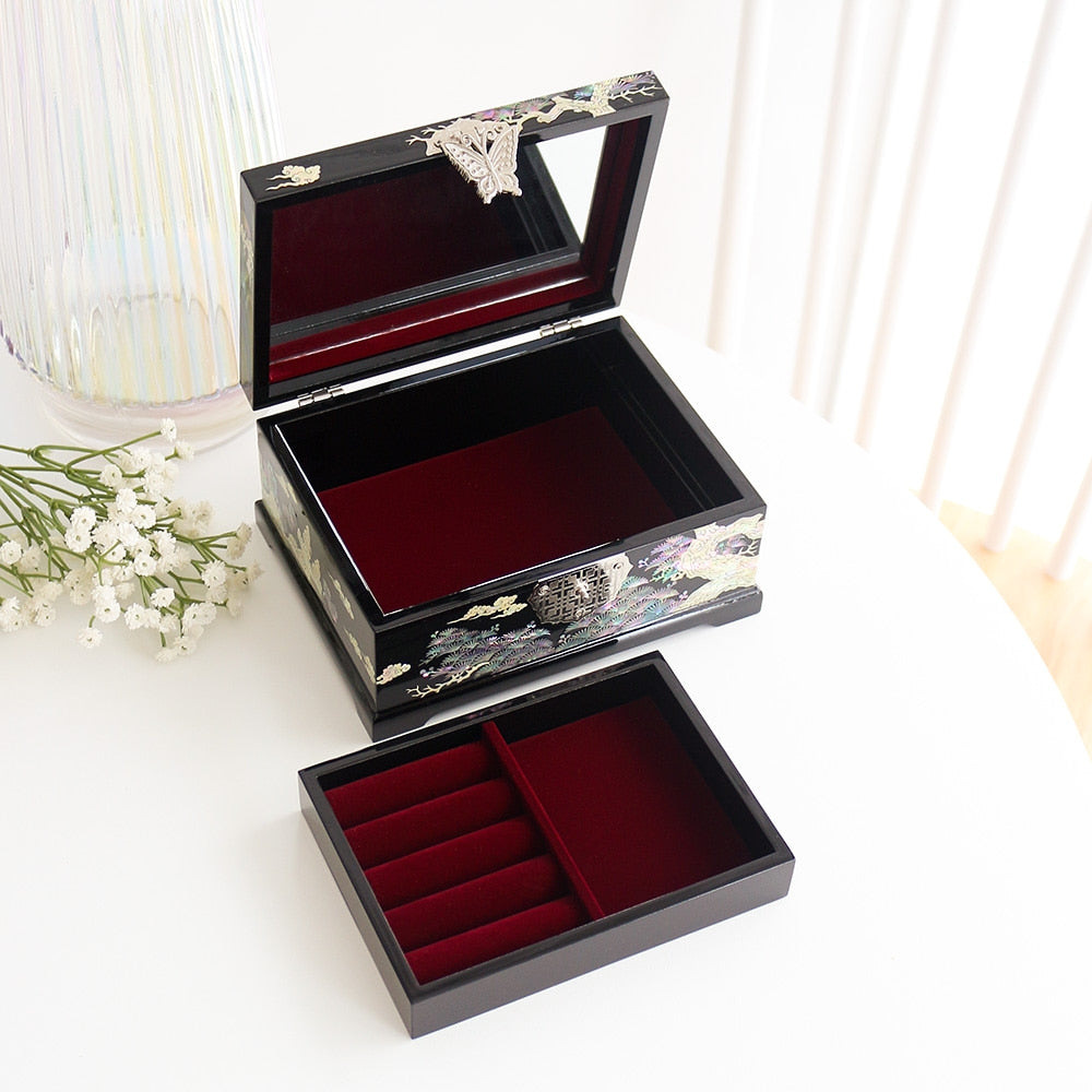 Najeonchilgi Pine & Crane Mother of Pearl Jewelry Box Black, 18 cm