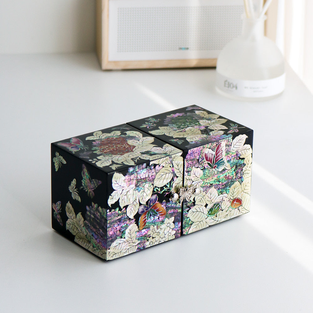 Najeonchilgi Hydrangea Double-Lidded Mother of Pearl Jewelry Box Black (Master Artisan Jang Tae-bok)