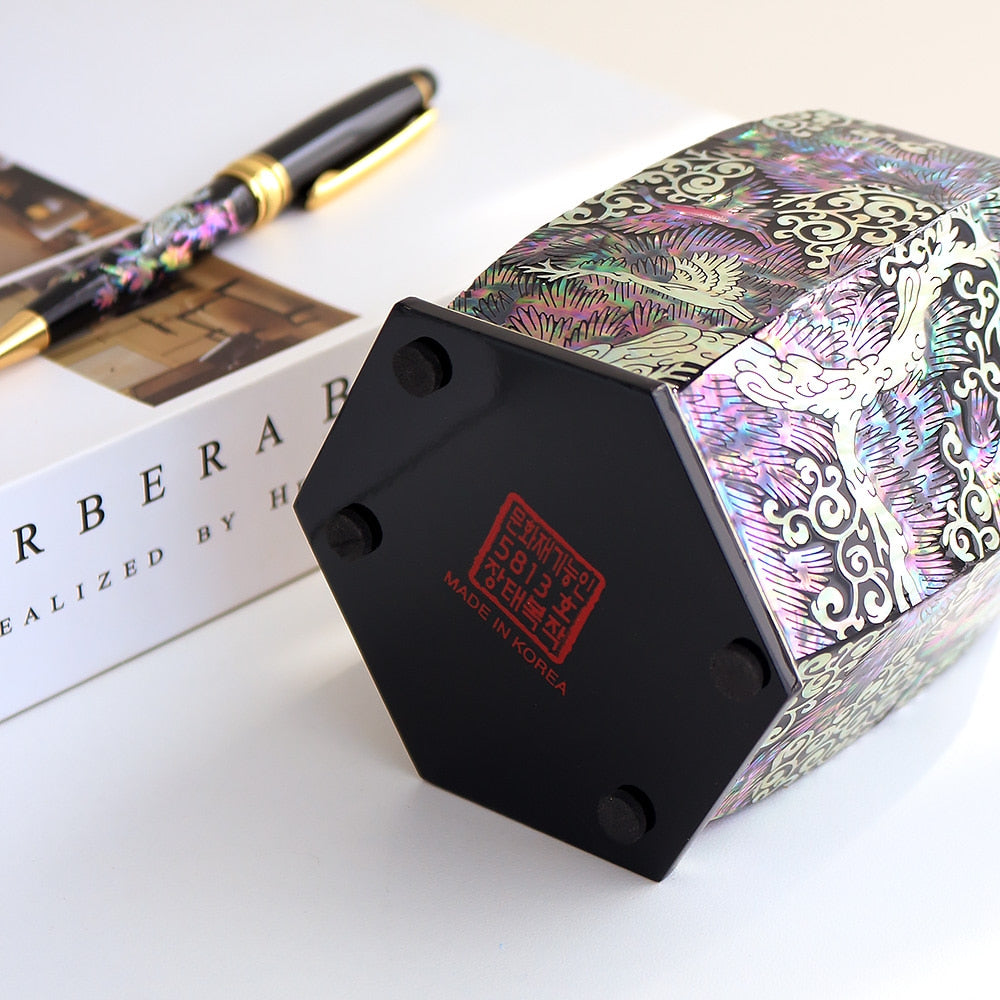Premium Najeonchilgi Hexagonal Pine & Crane Black Pen Holder Pencil Holder (Master Artisan Jang Tae-bok)