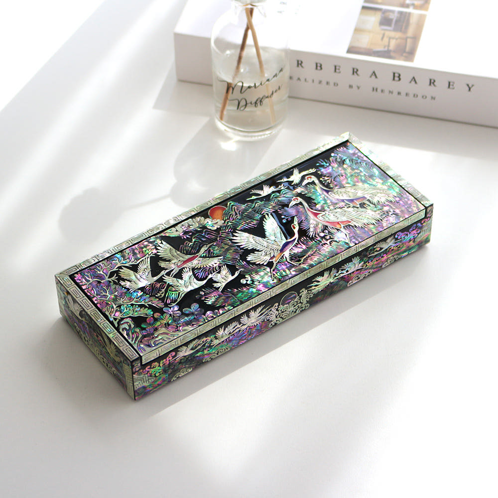 Korean Red Najeonchilgi Pine & Crane Peony Mother of Pearl Pen Case Traditional