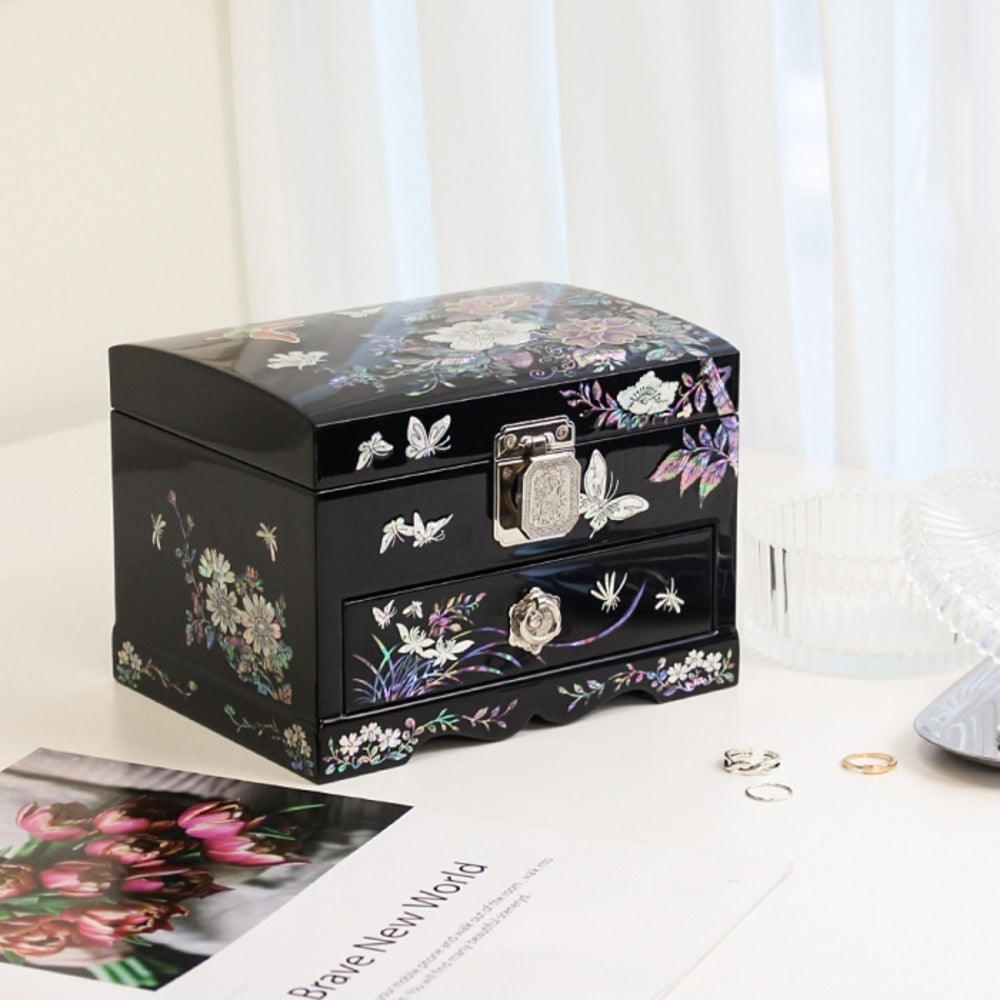 Najeonchilgi 1-Tier Drawer Vanity Mirror Mother of Pearl Jewelry Box (Ottchil Lacquer Painted Peony) Jewelry Box (Master Artisan Hong Seok-pyo)
