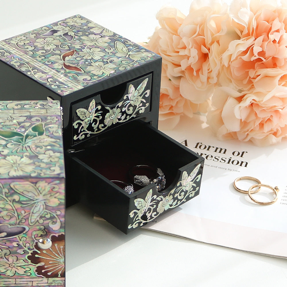 Najeonchilgi Painted Butterfly Double-Lidded Mother of Pearl Jewelry Box (Large)