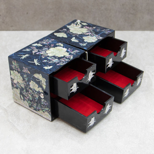 Peony Hanji Double Lidded Mother of Pearl Jewelry Box (Medium, Blue)