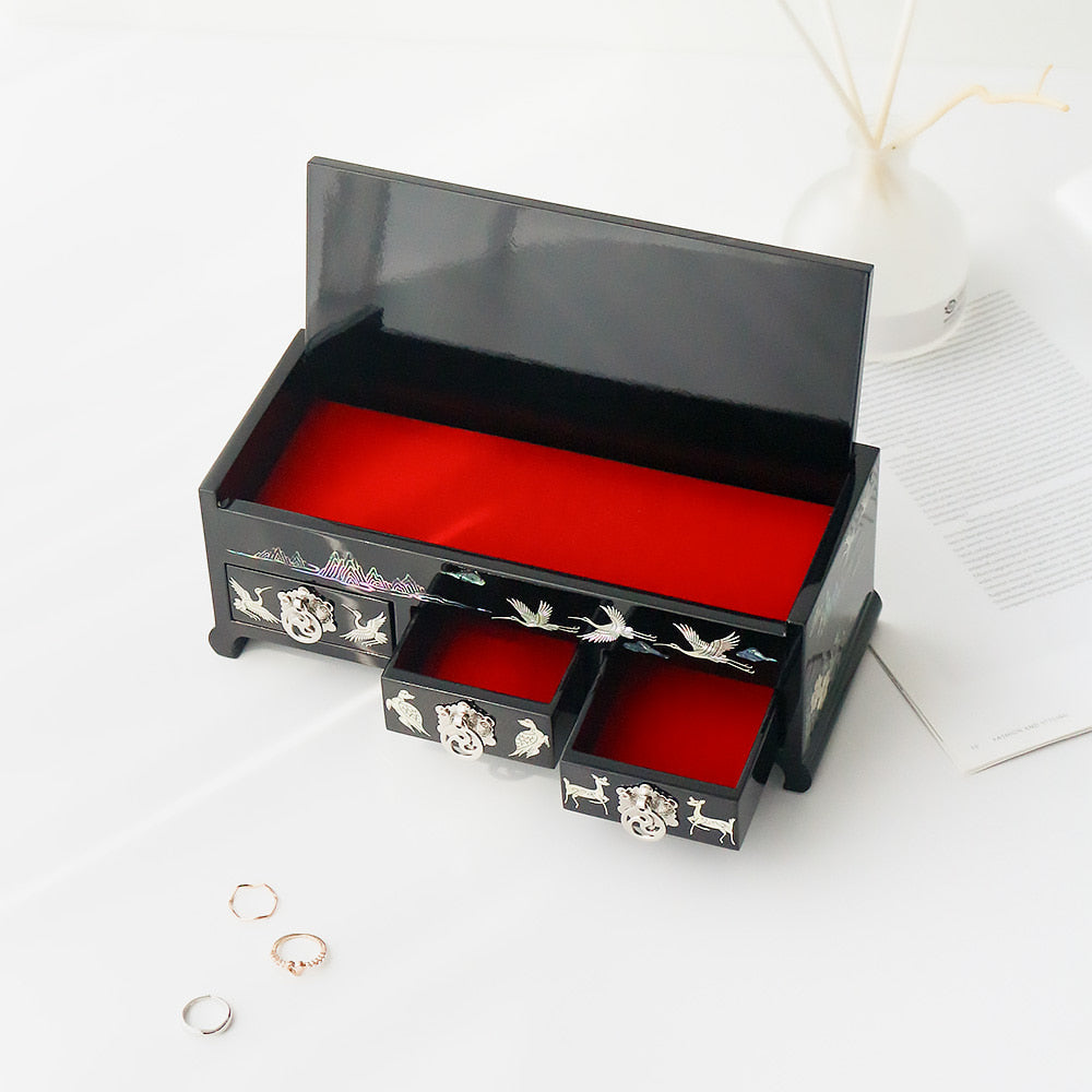 Najeonchilgi Ten Symbols of Longevity 3-Tier Drawer Mother of Pearl Jewelry Box, 23 cm