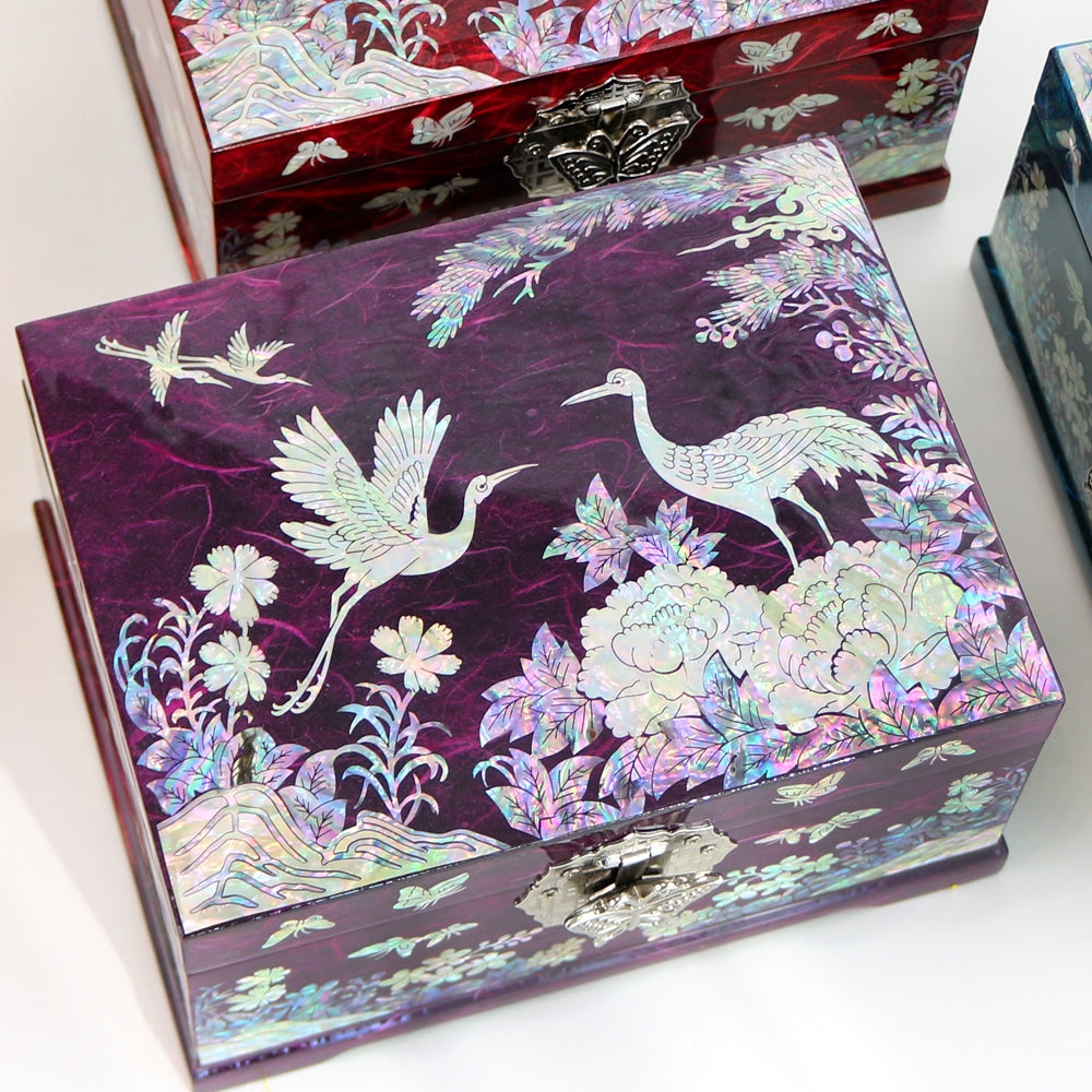 Najeonchilgi Peony Pine & Crane Hanji Mother of Pearl Jewelry Box, 18 cm