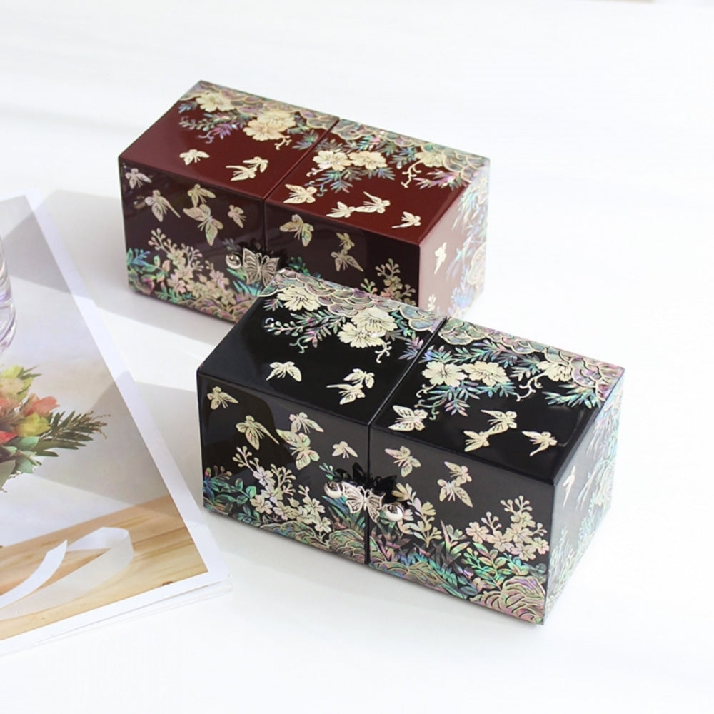 Najeonchilgi Flower Butterfly Garden Mother of Pearl Mini Double-Lidded Jewelry Box