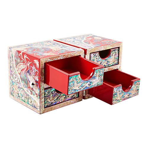 Round Crane & Pine Double Lidded Mother of Pearl Jewelry Box (Small, Red, Oh Myung - Ho)