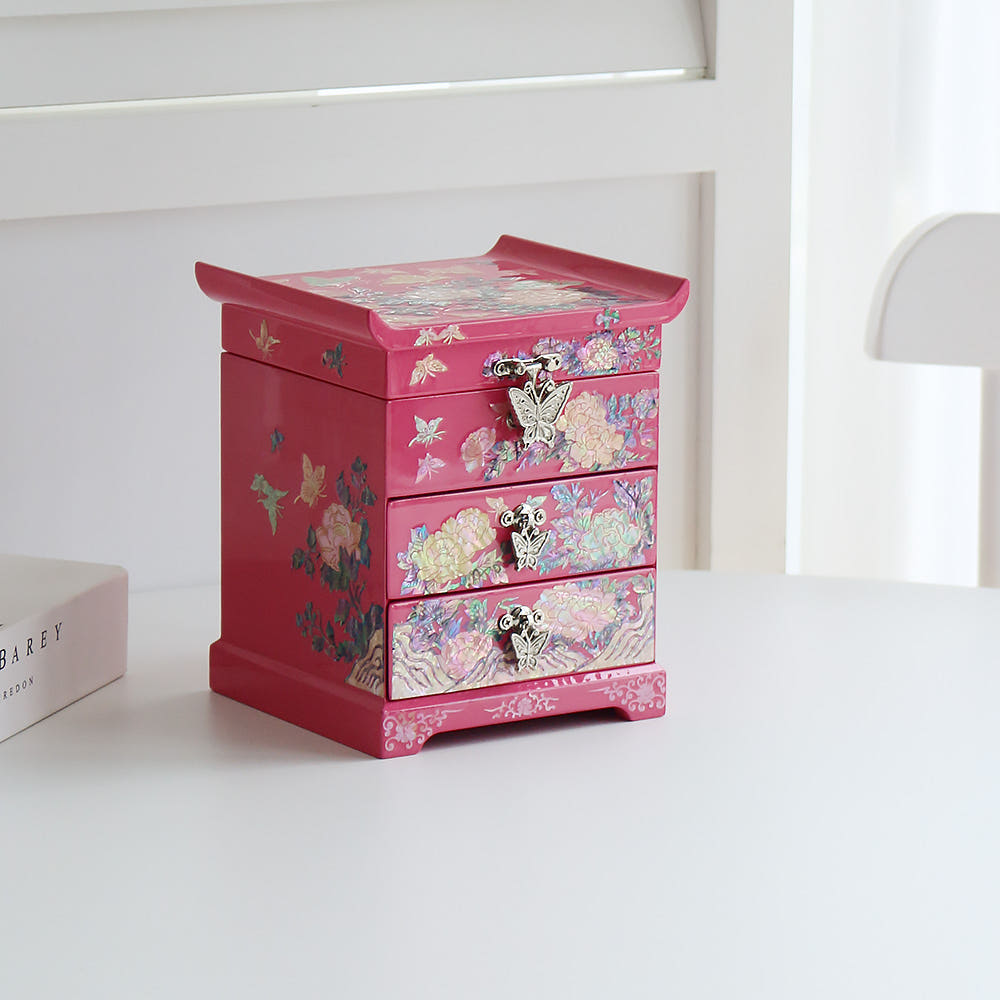 Vivid Peony 2-Tier Drawer Mother of Pearl Jewelry Box Najeonchilgi Jewelry Box Najeon Vanity Mirror Jewelry Box Storage