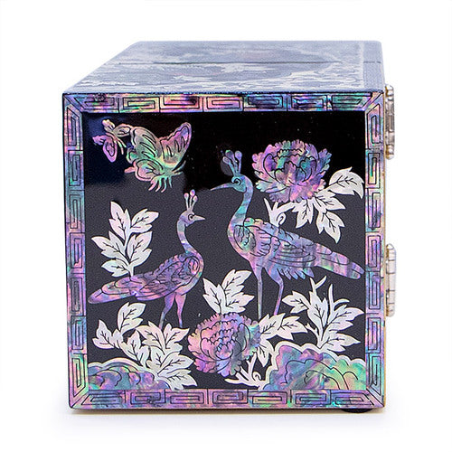 Peacock Double Lidded Mother of Pearl Jewelry Box (Medium, Black) - Oh Myung - Ho