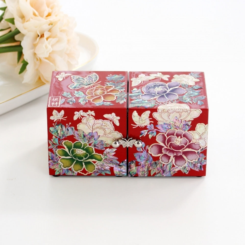 Masterpiece Najeonchilgi Mini Double-Lidded Small (Peony) Secret Mother of Pearl Jewelry Box (Master Artisan Kim Young-man)
