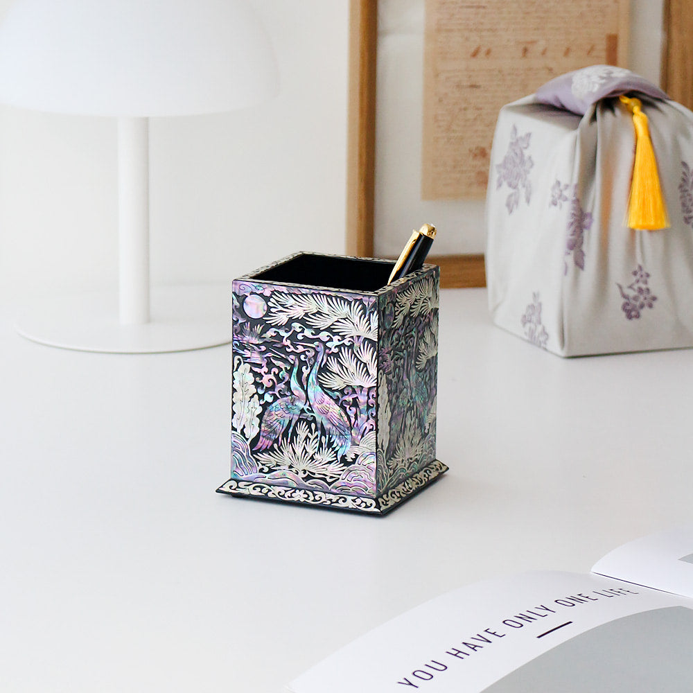 Najeonchilgi Pine & Crane Moon Mother of Pearl Pencil Holder & Pen Holder