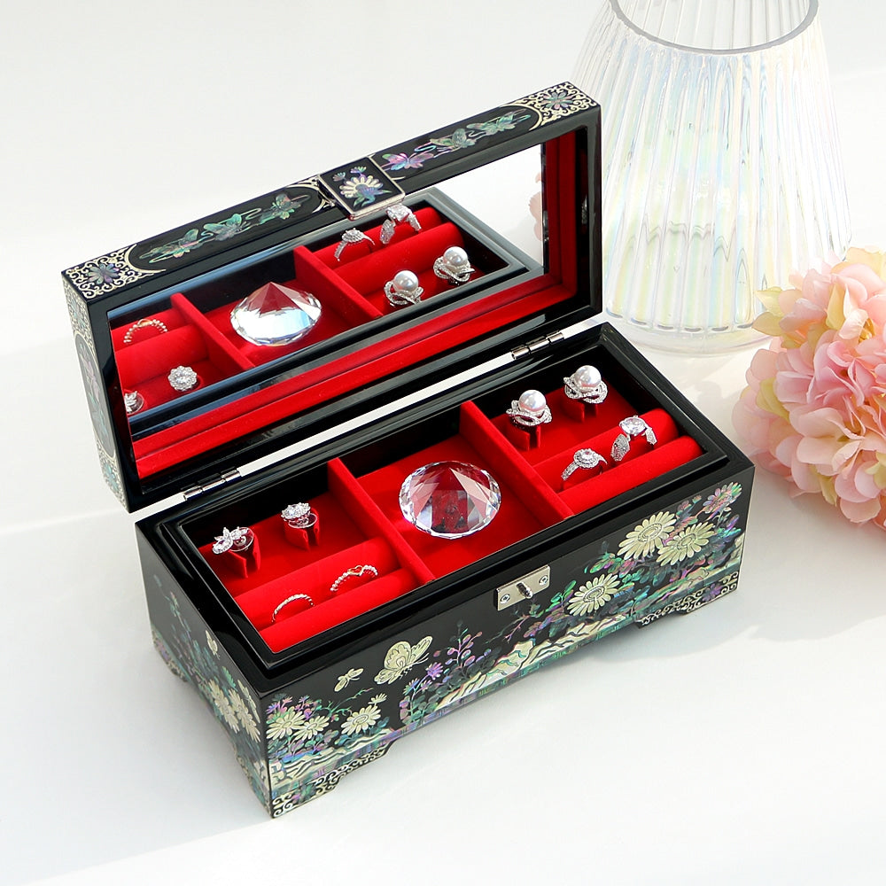 Premium Peony & Butterfly Najeonchilgi 2-Tier Mother of Pearl Jewelry Box, 24 cm (Master Artisan Hong Seok-pyo)