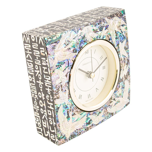 Najeon Chilgi Mother of Pearl Desk Clock — Crane Pattern (Symbol of Longevity) - DE0124
