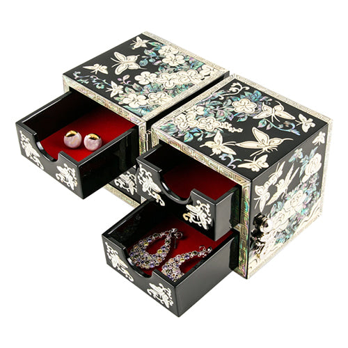 Butterfly Cloud Pattern Border Double Lidded Mother of Pearl Jewelry Box (Small, Glossy, Oh Myung - Ho)