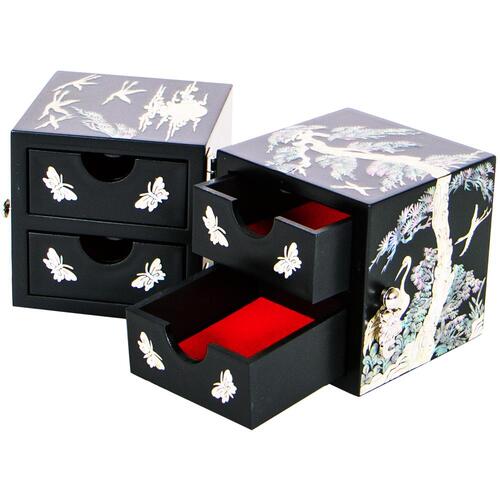 Najeonchilgi Lacquerware SecretJewelry Box Crane & Pine Motif Double Lidded Mother of Pearl Jewelry Box