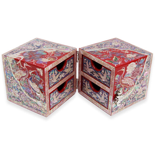 Round Crane & Pine Double Lidded Mother of Pearl Jewelry Box (Medium, Red) - Oh Myung - Ho