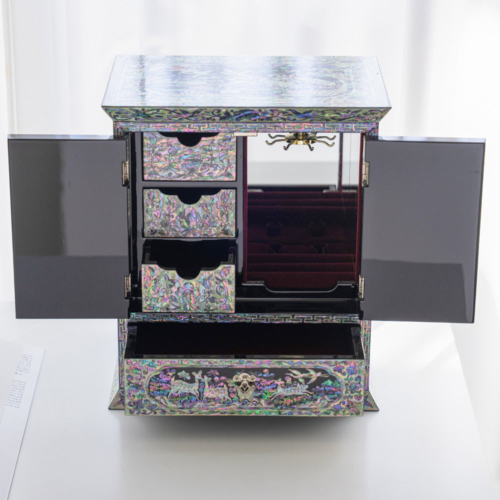 Peony Scholar 5-Drawer Mother of Pearl Jewelry Box Medium (Hanji, Blue)