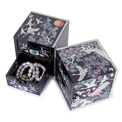 Crane & Pine Double Lidded Mother of Pearl Jewelry Box (Black, Large)