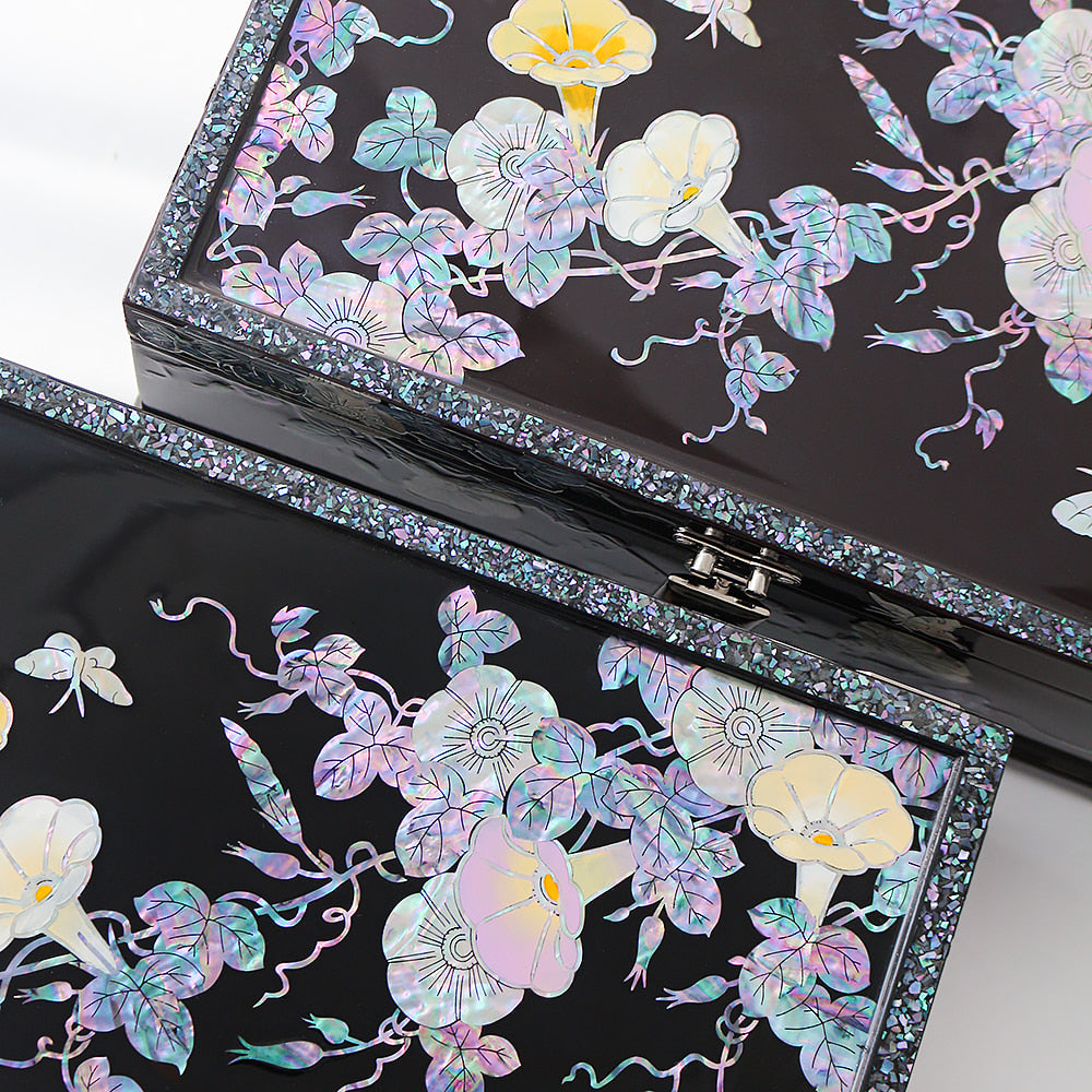 Masterpiece Najeonchilgi Flower Painted Flowers 2-Tier Mother of Pearl Jewelry Box, 30 cm