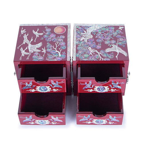 Crane & Pine Double Lidded Mother of Pearl Jewelry Box (Red, Large)