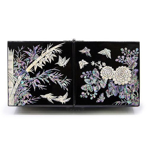 Four Gracious Plants Double Lidded Mother of Pearl Jewelry Box (Medium, Glossy, Black)
