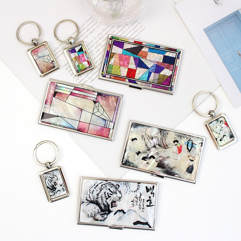 2-Piece Set: Mother of Pearl Business Card Case Keyring N