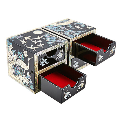 Crane & Pine Cloud Pattern Border Double Lidded Mother of Pearl Jewelry Box (Medium, Glossy, Oh Myung - Ho)