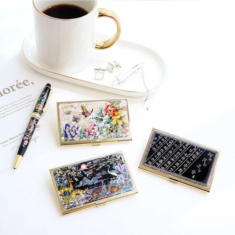 2-Piece Set: Gold Business Card Case K Painted Plum Blossom Mother of Pearl Pen Set (Full)