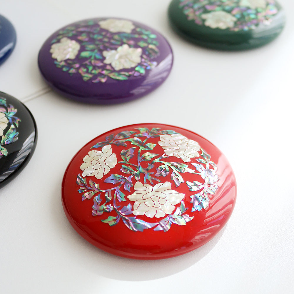 Najeonchilgi Round Vivid Mother of Pearl Hand Mirror (Peony)