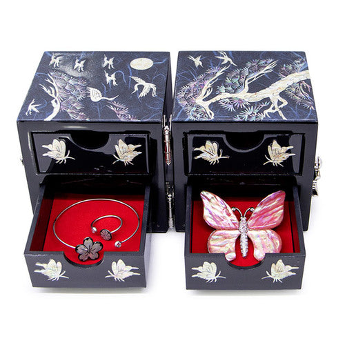 Crane & Pine Hanji Double Lidded Mother of Pearl Jewelry Box (Medium, Glossy, Blue)