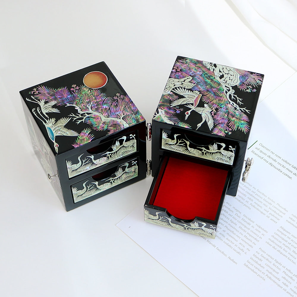 Premium Najeonchilgi Pine & Crane Double-Lidded Medium Secret Mother of Pearl Jewelry Box (Master Artisan Jang Tae-bok)