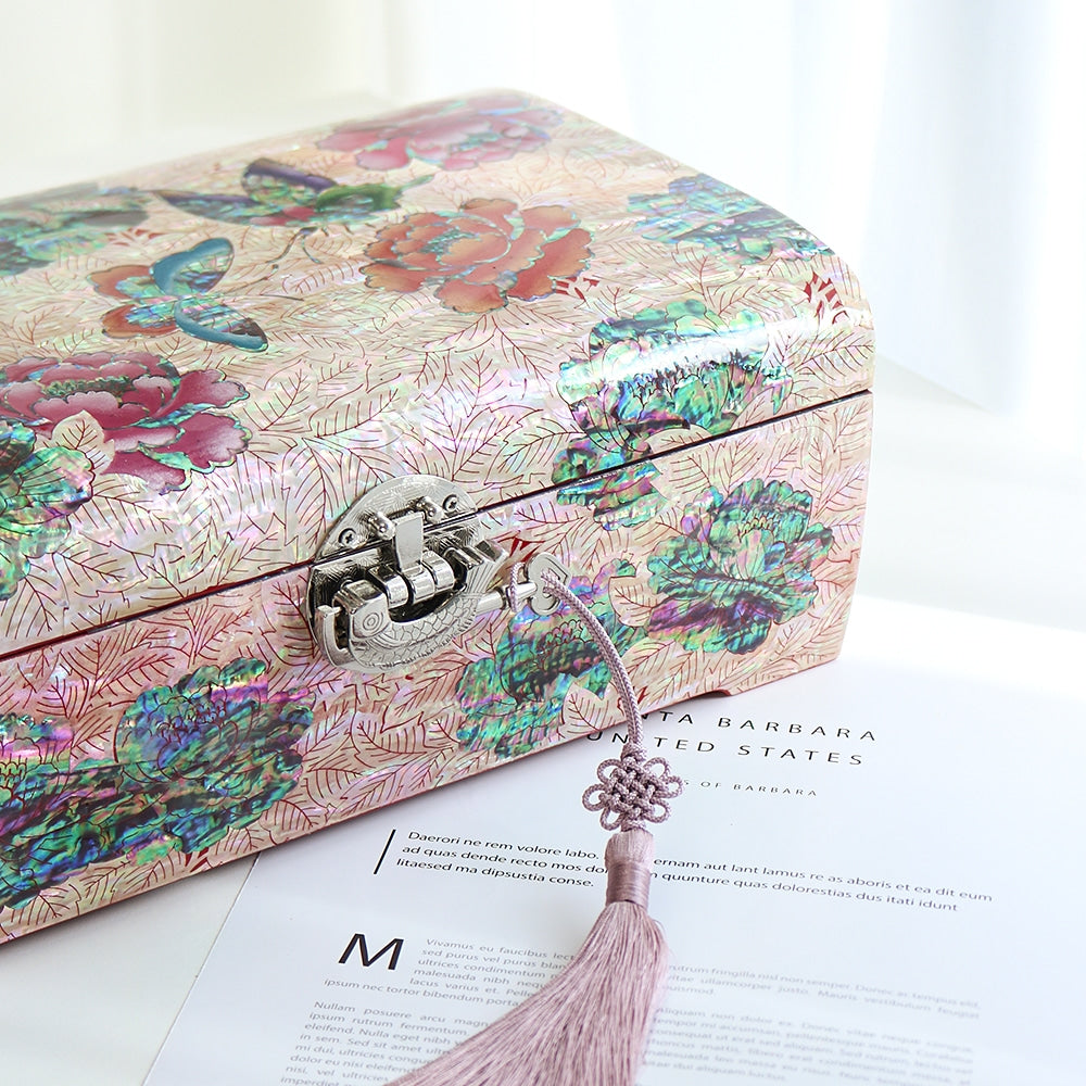 Premium Najeonchilgi Rounded Peony of Wealth Mother of Pearl Jewelry Box Yedan Wedding Gift Box, 30 cm
